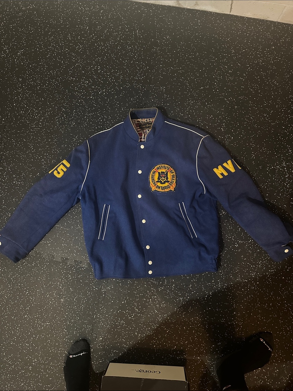 Vintage Navy Varsity mechanics Bomber Jacket with Gold Crest and Sleeve Details